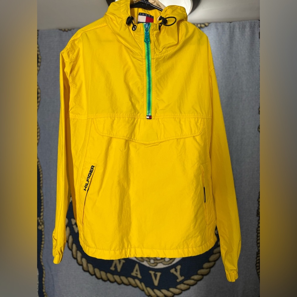 Rare VTG TOMMY HILFIGER  Flag  Hood Jacket 90s Yellow Wind Breaker Men Size XL
